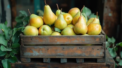Ripe pears in rustic crate, market stall, autumn harvest