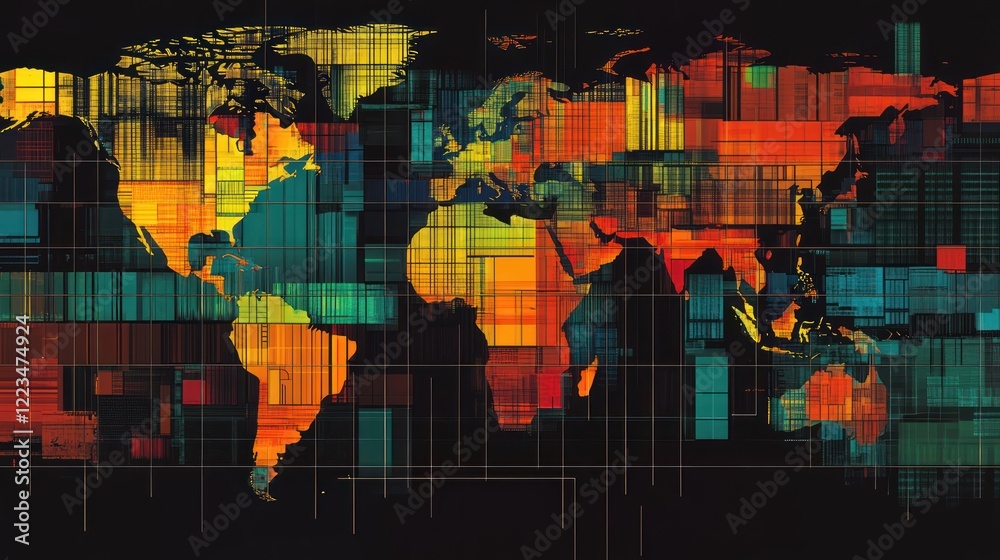Poster abstract world map digital art colorful grid