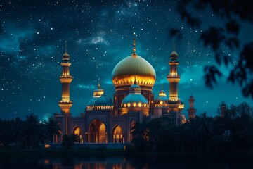 Golden domes and minarets of mosque glowing under breathtaking night sky full of stars