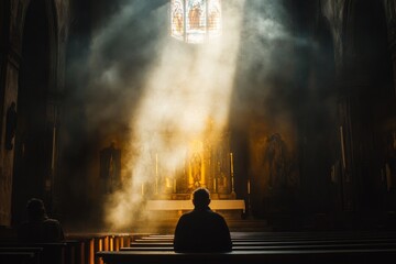 Sunlight shining through stained glass window illuminates smoke-filled church interior, creating mystical atmosphere as man prays in solitude