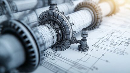 A finely detailed sketch of an automatic control valve integrated into a complex pipeline, highlighting the actuator and feedback mechanism.