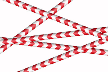 Obraz premium Isolated crossed warning tape with red and white stripes. Stretched caution ribbon.