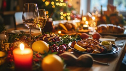 Festive holiday dinner table with candles and christmas decorations