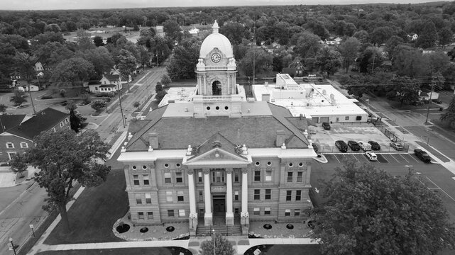 Shiawasse County Michigan historic courthouse in Corunna, Michigan in black and white