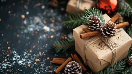 Rustic holiday gift with pinecones and cinnamon sticks on festive background