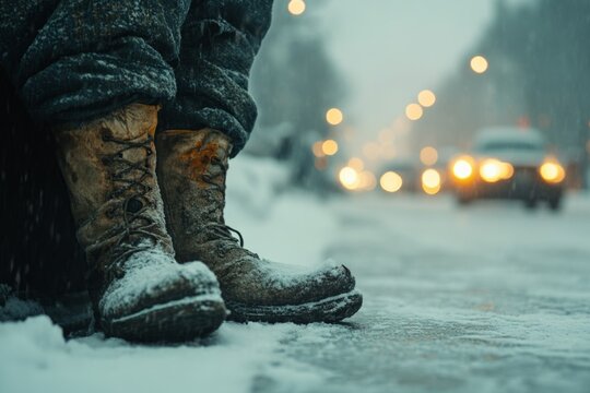 Close up of worn out boots covered in snow on a sidewalk during rush hour traffic in winter