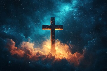 Fototapeta premium Radiant cross shines brightly among the stars and clouds