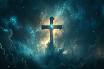 Naklejka premium Glowing cross emerges from a vibrant cosmic nebula