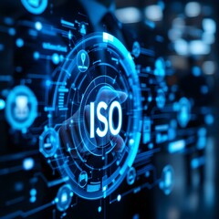 Policy documentation and compliance concept. A person reviews digital document labeled "Policies" with icons, checklists, , and ISO certification.