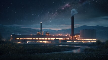 Nighttime Industrial Plant Under Starry Sky Mountains