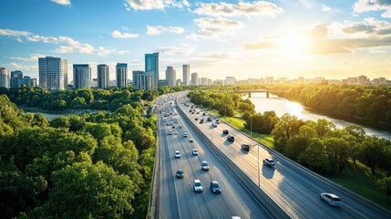 Obraz premium Urban traffic on modern city background. Vector cartoon illustration of cars moving speed highway along river. Cityscape with skyscrapers and green trees on summer day. Driving school banner design