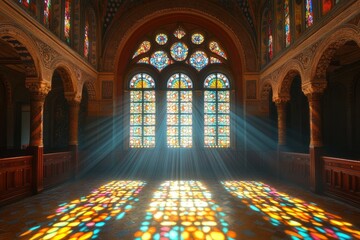 Colorful sunbeams penetrate ornate stained glass windows in medieval gothic church interior with arches