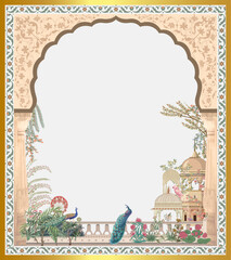 Indian floral border mughal arch with peacock indian invitation concept. Chinoiseries peacock, Birds Palace garden royal Wallpaper. moroccan decorative garden with peacock frame. Vector File.