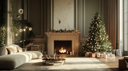Elegant christmas living room with decorated tree and fireplace in cozy atmosphere