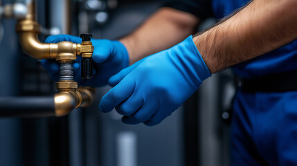 A plumber&acirc;s hands in blue gloves fitting a brass pipe coupling onto another, showcasing the methodical nature of professional plumbing and installation.