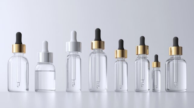 Realistic glass bottles with dropper for serum or oil. Cosmetic flasks or vials for organic aroma essence, anti-aging essential collagen for beauty care, isolated transparent flacons, 3d vector mockup