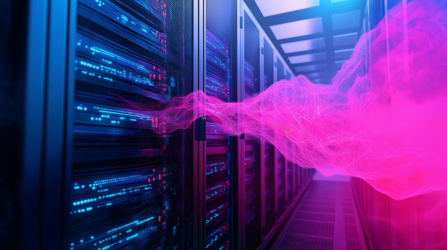 An abstract cloud overlaid on the servers in a high-tech room, with data streams flowing between the cloud and the server racks, illustrating cloud migration in a digital transform