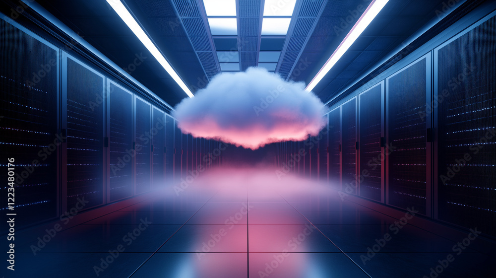 Wall mural a dramatic image of a cloud materializing in the center of a server room, casting a soft light over 
