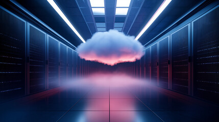 A dramatic image of a cloud materializing in the center of a server room, casting a soft light over the rows of servers, symbolizing digital transformation and the future of data m