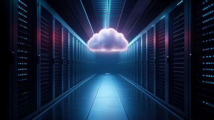 A dramatic image of a cloud materializing in the center of a server room, casting a soft light over the rows of servers, symbolizing digital transformation and the future of data m
