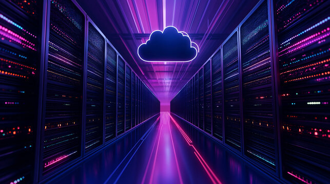 A stylized cloud above rows of high-performance servers, with futuristic lines connecting the cloud to the racks below, symbolizing cloud migration and modernization of IT infrastr