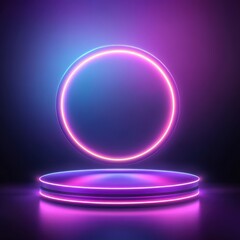 Obraz premium Neon Circle and Glowing Platform: Abstract Background for Product Display.