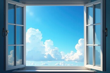 serene blue sky with fluffy white clouds behind closed windowpane, serene, atmosphere