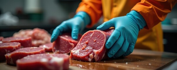 Close-up of meat handling safety suit and gloves , factory, protection, coverall