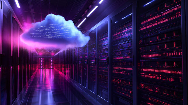 A cloud superimposed over a bustling server room, with lines of code flowing from the cloud to the racks of servers, showcasing the synergy between cloud infrastructure and on-prem