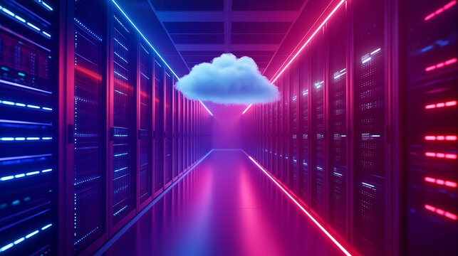 A serene cloud hovering above a modern server room, with thin digital lines connecting it to the servers, visualizing the connection between the digital and physical realms in the