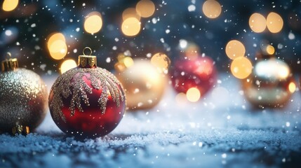 Fototapeta premium Festive christmas ornaments amid snow and soft bokeh lights