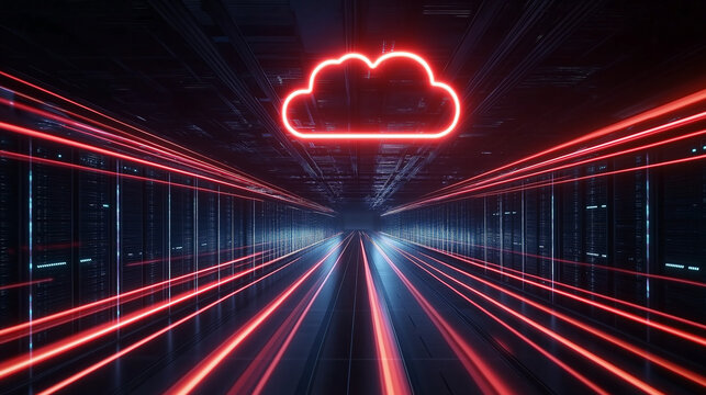 A cloud icon emerging above a futuristic data center, with light beams extending from it to the servers below, symbolizing the ongoing migration from legacy systems to cloud comput