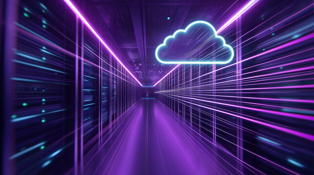 A cloud icon emerging above a futuristic data center, with light beams extending from it to the servers below, symbolizing the ongoing migration from legacy systems to cloud comput