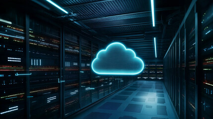 A glowing cloud shape in the center of a server room, surrounded by a network of connected servers...