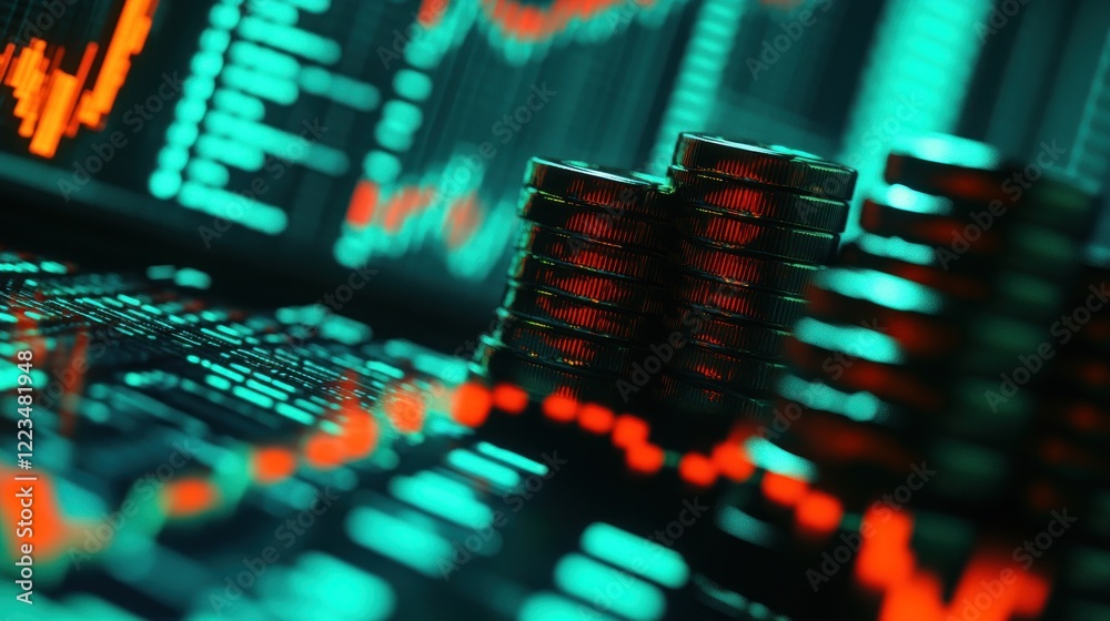 Poster stacks of coins against a financial data background