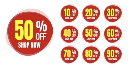 10%, 20%, 30%, 40%, 50%, 60%, 70%, 80%, 90%, Discount. Sale tags set vector badges template. Sale offer price sign. Special offer symbol. Discount promotion. Discount badge shape.