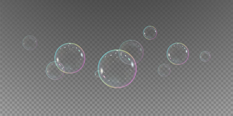 Realistic soap bubbles vector, png on a transparent background. Flying and falling soap bubbles.	