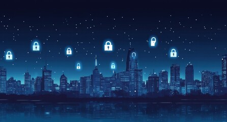 Naklejka premium A city skyline at night with digital padlock icons floating above it, symbolizing the security of AI's data protection capabilities in urban areas Generative AI