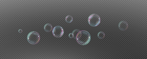 Realistic soap bubbles vector, png on a transparent background. Flying and falling soap bubbles.