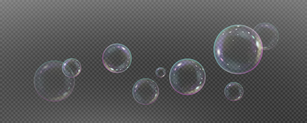 Realistic soap bubbles vector, png on a transparent background. Flying and falling soap bubbles.	