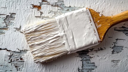 Broad wall-painting brush applies thick white paint to rough wooden surface