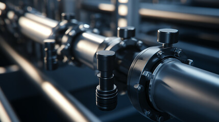 Naklejka premium A detailed view of a gas pipeline junction, with welded connections and valve handles, showcasing the precision engineering required for oil and gas production at an industrial sca