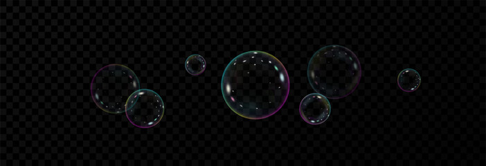 Realistic soap bubbles vector, png on a transparent background. Flying and falling soap bubbles.
