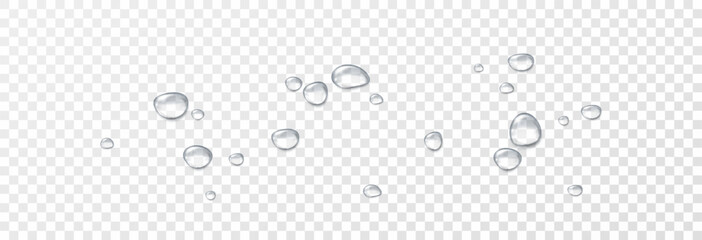 Realistic water drops on a transparent background, condensation on the surface with light reflection and shadow, vector, png, 3D effect.	
