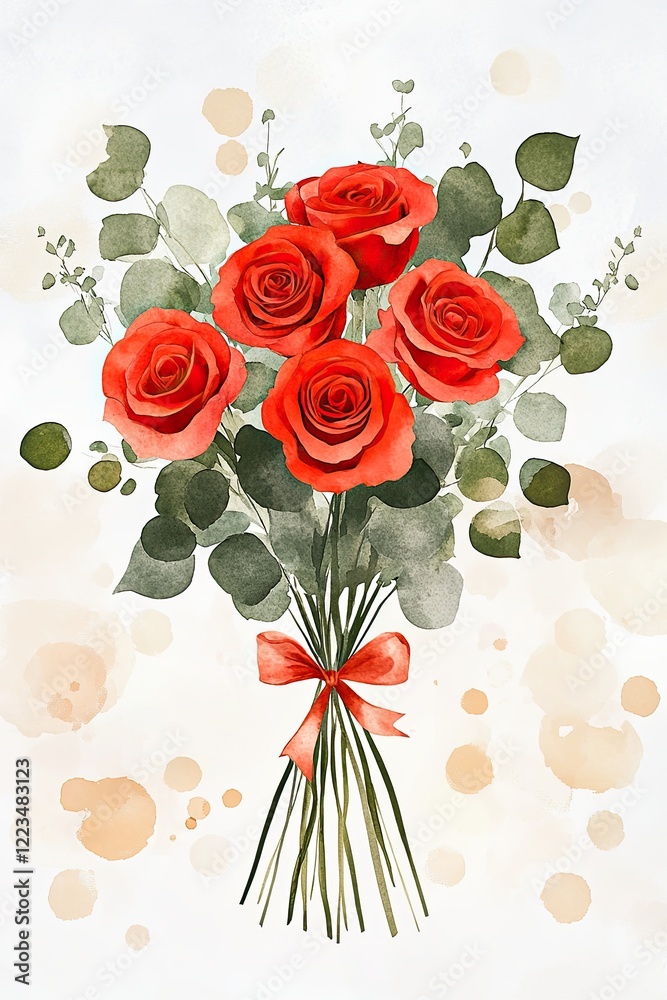 Sticker Artistic watercolor bouquet of vibrant red roses and lush greenery evokes romance and beauty for any occasion