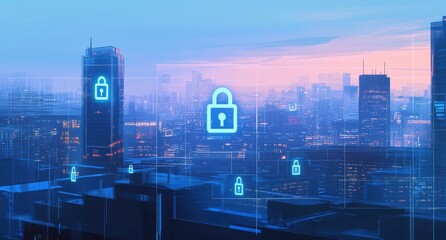 Obraz premium A digital cityscape with holographic padlock icons floating above, symbolizing the concept of cyber security in urban areas Generative AI
