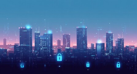 Fototapeta premium A digital cityscape with icons of locks and smart devices, representing security in the modern world, against an urban skyline at dusk Generative AI