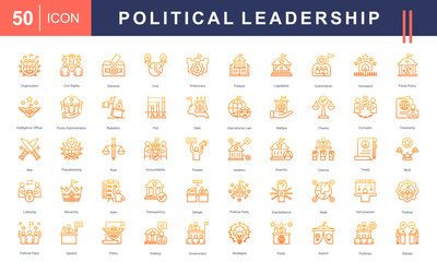 Icon set illustrating Political Leadership, governance, and civic activities, including elections, policies, debates, civil rights, protests, and government strategies. Ideal for political and educati