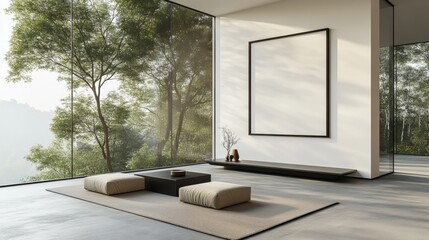 Modern Minimalist Living Room with Forest View and Blank Canvas