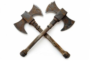 Historical battle axes crossed on rustic wooden handles against a simple white background, showcasing craftsmanship and ancient weaponry isolated on transparent background